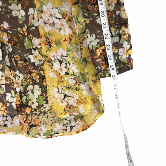 Fig And Flower Sheer Tunic Blouse XL Brown Yellow Floral Button Down Boho - Picture 10 of 14